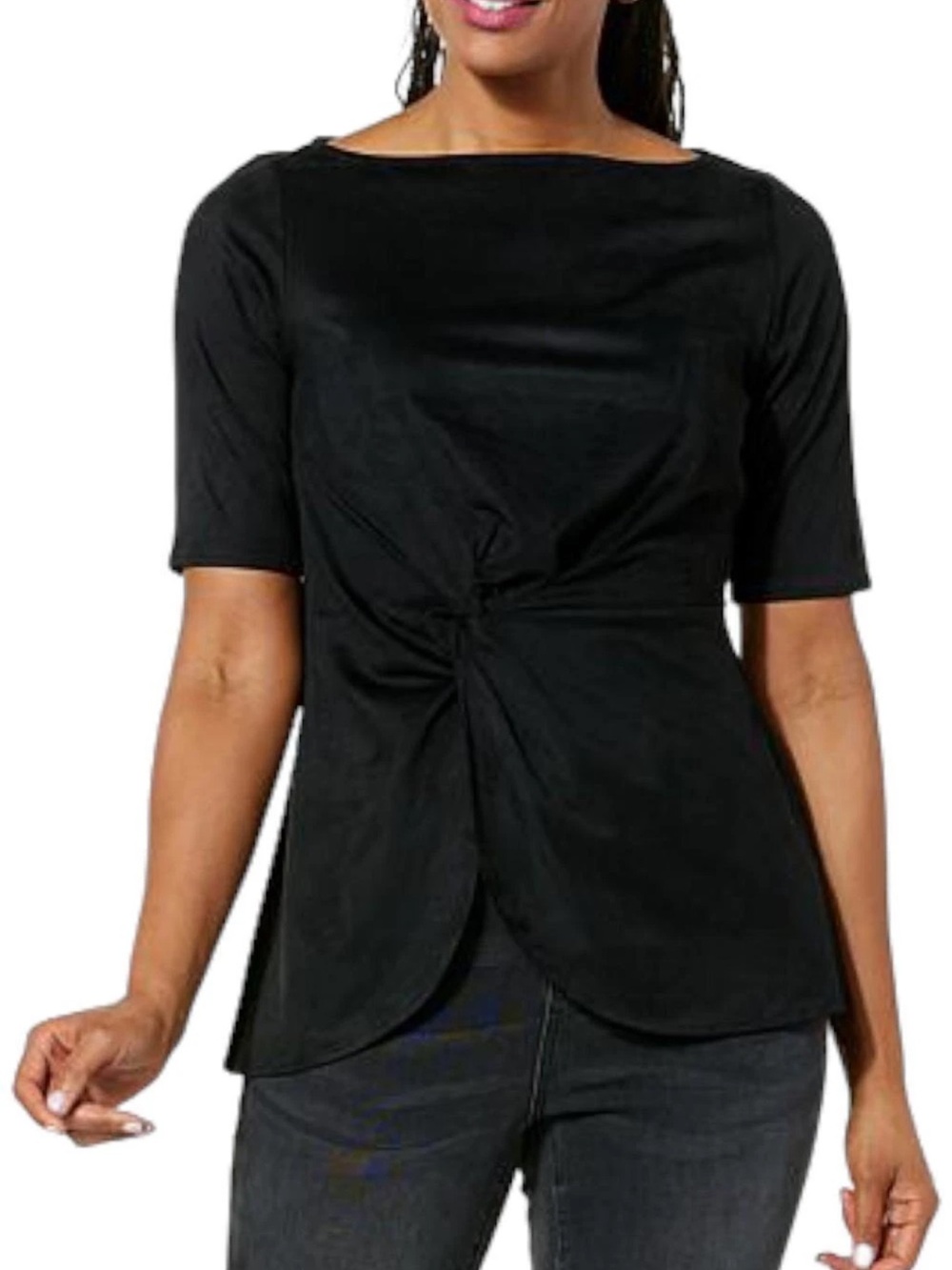 Like New 1X DG2 Diane Guilman Black Knot-Detail Boatneck Short Sleeve Faux Sued